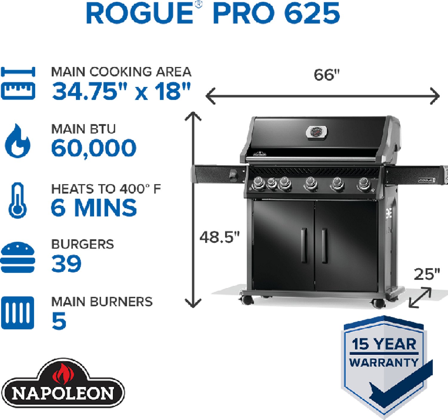 Napoleon Rogue PRO 625 5-Burner Propane Gas Grill with Infrared Side Burner - view number 5