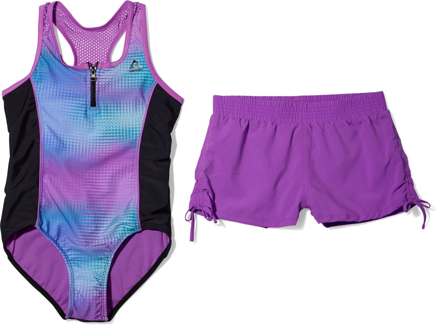 Gerry Girls' Refract Zip Front 1-Piece Swimsuit and Short Set