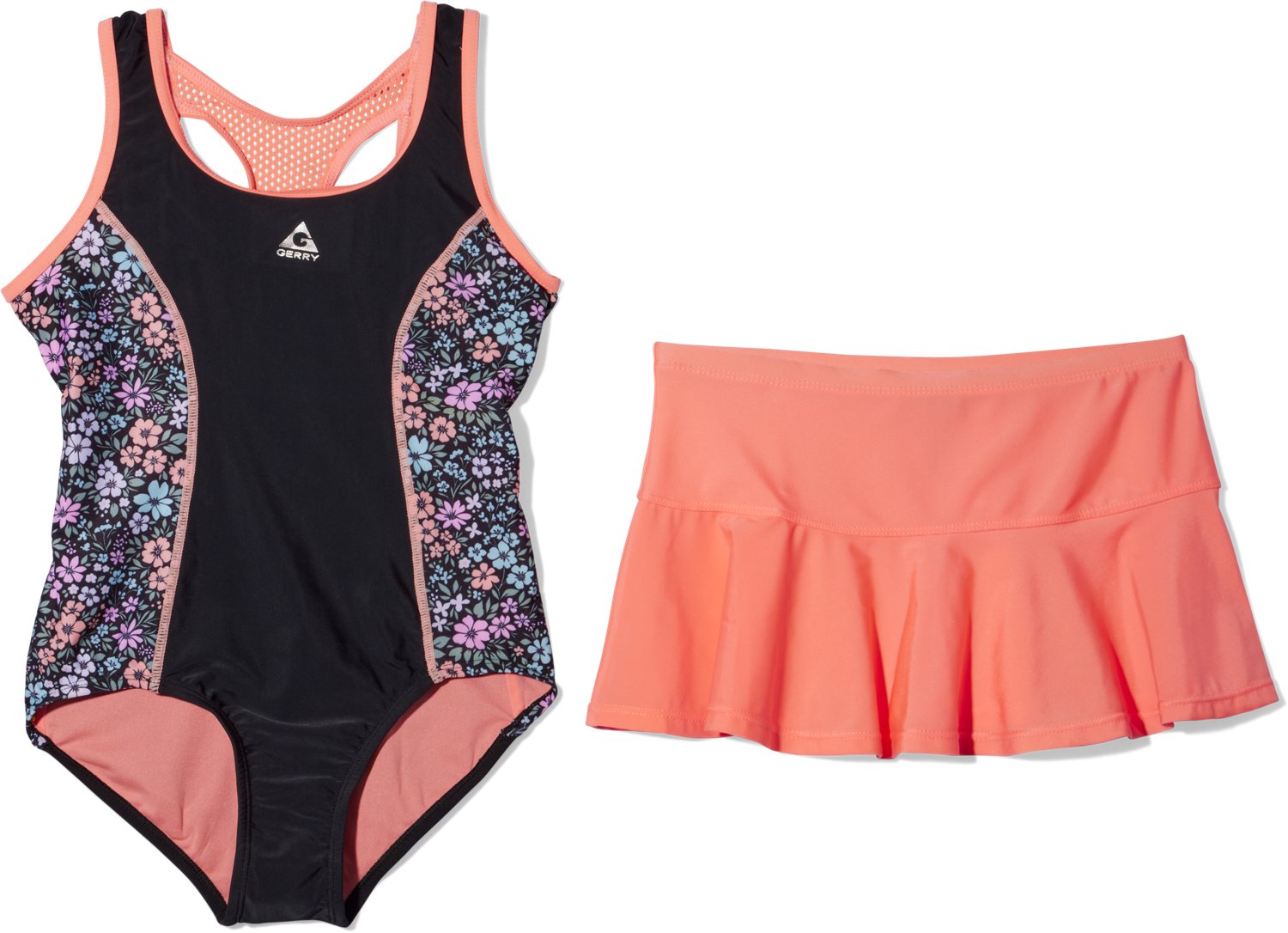 Gerry Girls' Field of Dreams Print Side 1-Piece Ruffle Skirt Swim Set