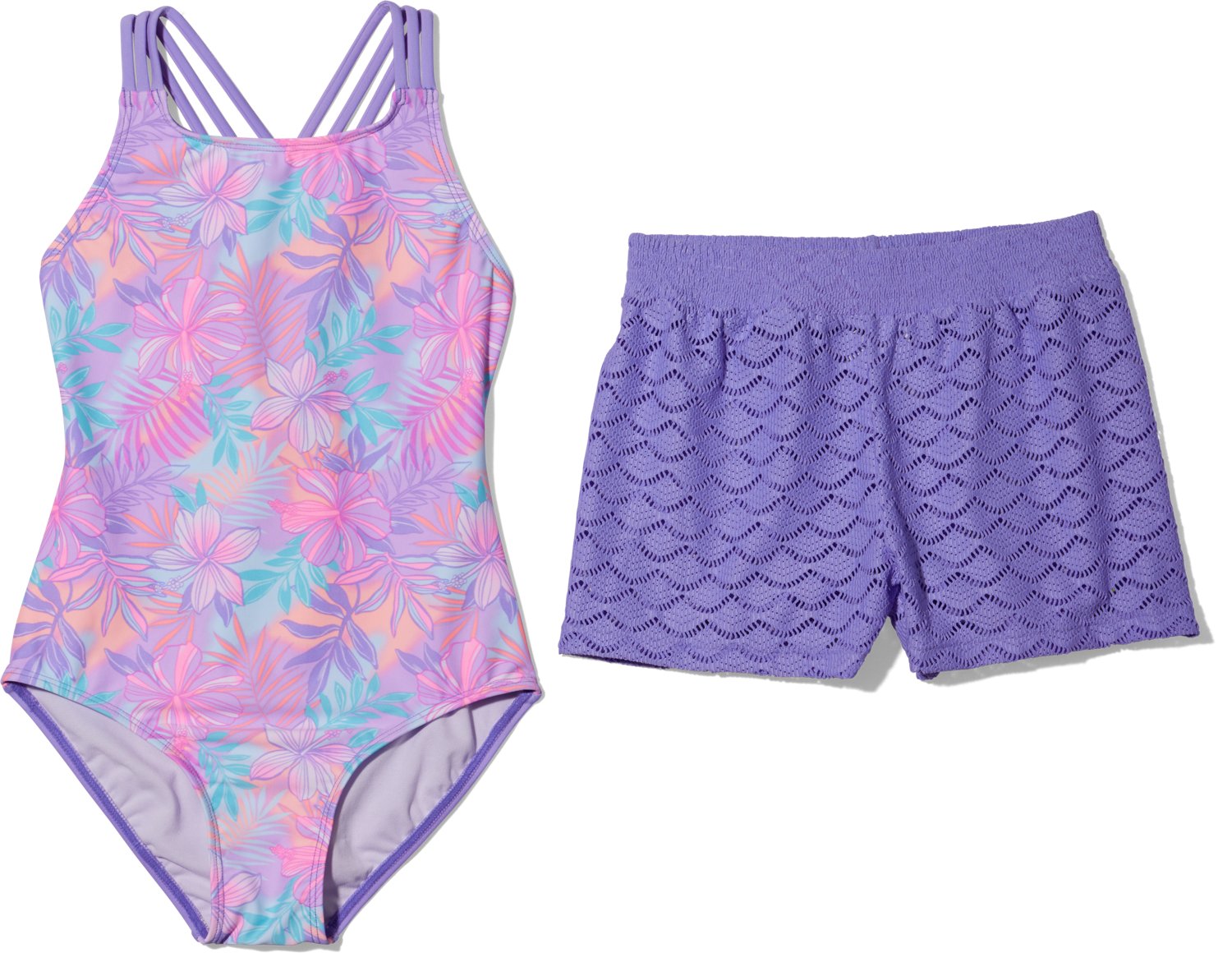 O'Rageous Girls' 8-20 Summer Soiree X-Back 1-Piece Swimsuit with Crochet Coverup Shorts