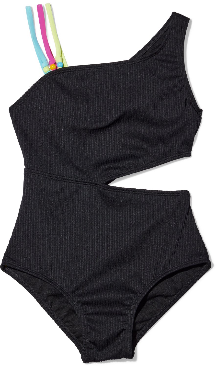 O'Rageous Girls' 8-20 Black Rib Knit Asymmetrical Cut-Out 1-Piece Swimsuit