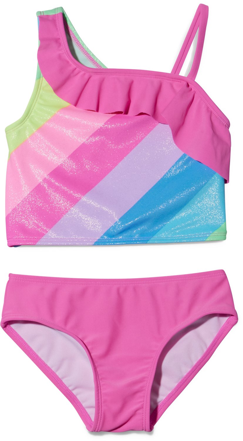 O'Rageous Girls' 4-7 Retro Stripe Asymmetrical Ruffle Two-Piece Swimsuit
