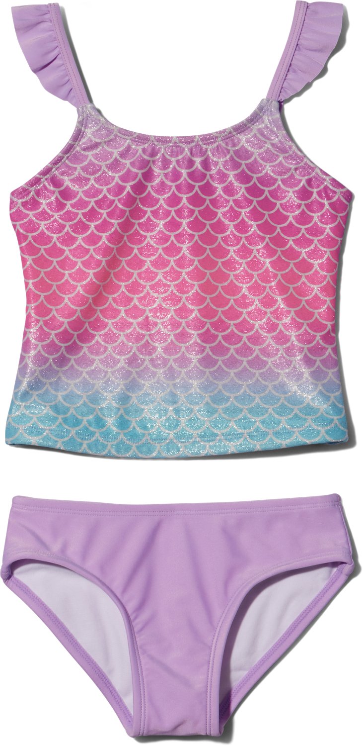 O'Rageous Girls' 4-6X Mermaid Scale Ombre Ruffle Strap Tankini 2-Piece Swimsuit