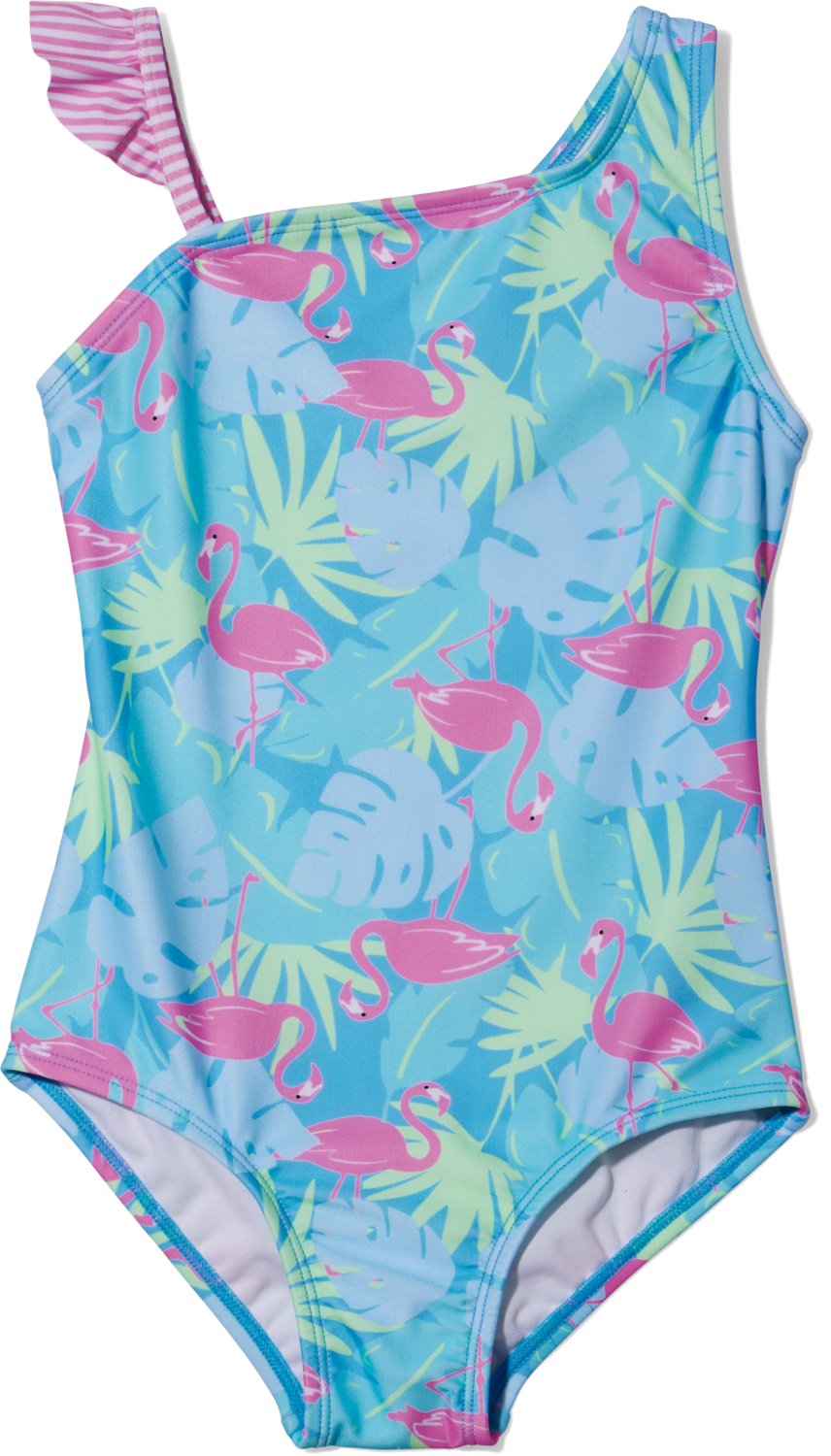 O'Rageous Girls' 4-6X Flamingo Tropical and Feeder Stripe Asymmetrical Ruffle Sleeve 1-Piece Swimsuit