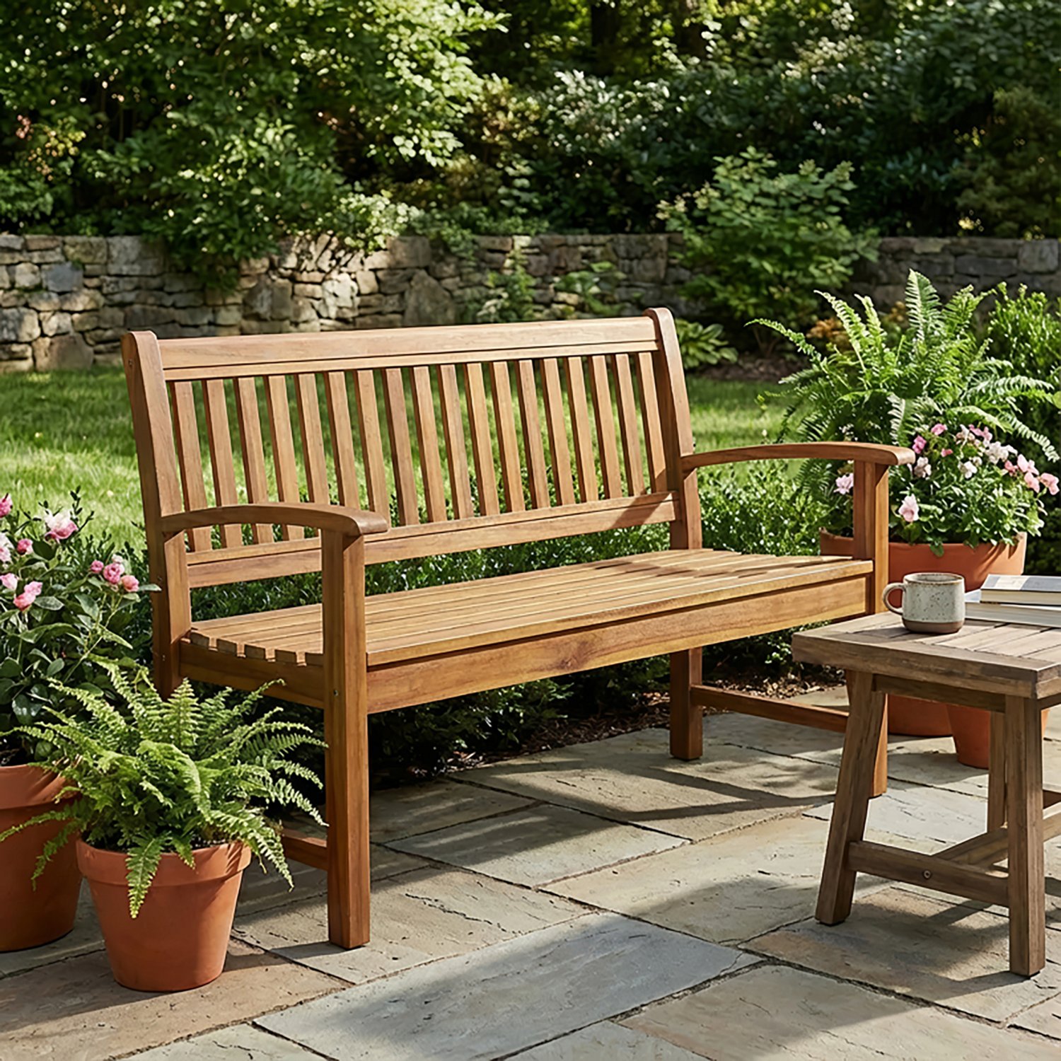 Mosaic Acacia Wood Bench with Slat Back - view number 5