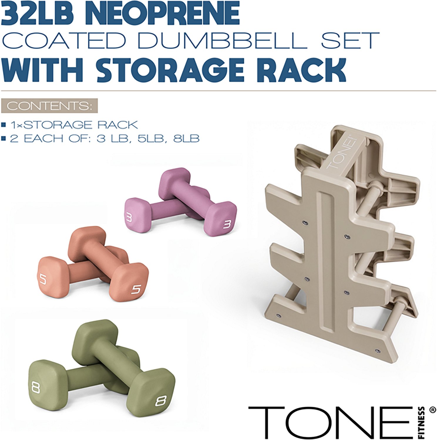 Tone Fitness 32 lb Neoprene Dumbbell Set with Rack