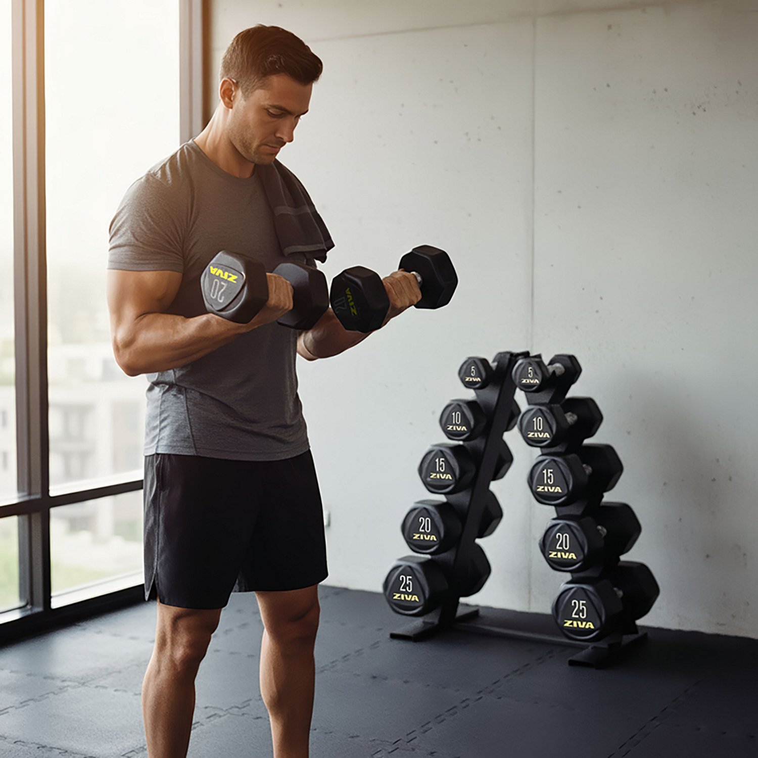 ZIVA 150 lb Hexagon Dumbbell Set with Rack - view number 6