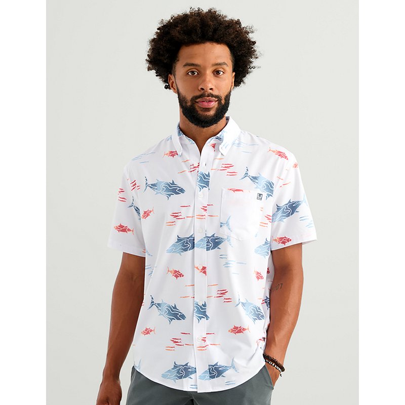 HUK Men's Short Sleeve Kona Button Down, Large, White 8