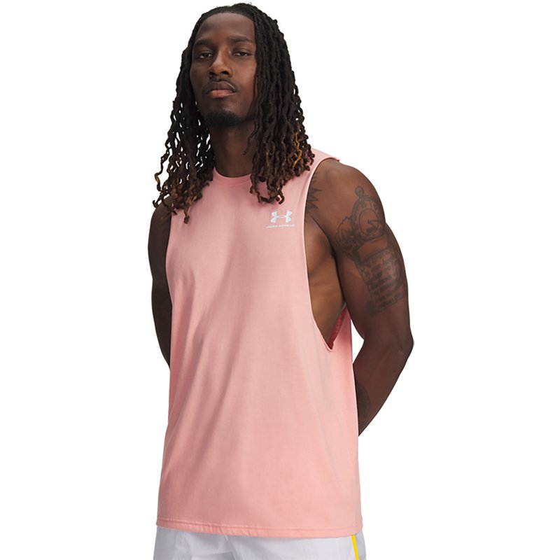 Under Armour Men's Left Chest Cut Off Tank Top, Large, Posh Pink/White