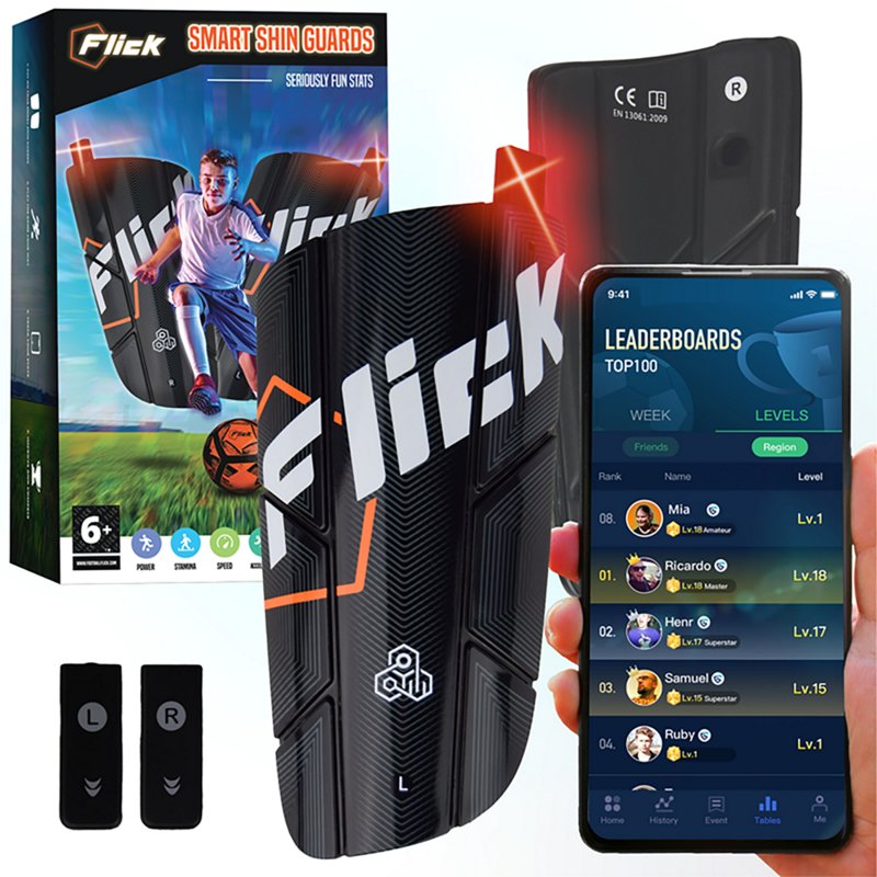 Flick Smart Soccer Tracker w/ Shin Guards, Kids, Black