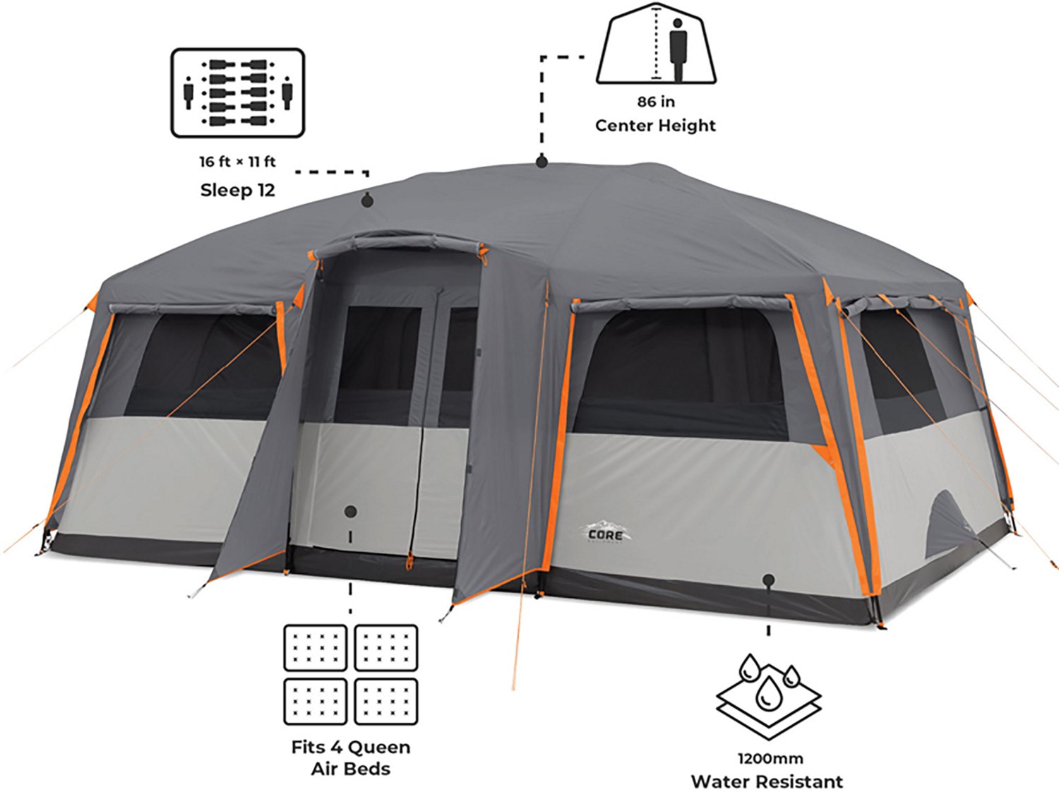 CORE Equipment Straight Wall Cabin 12 Person Tent with Full Rainfly - view number 3