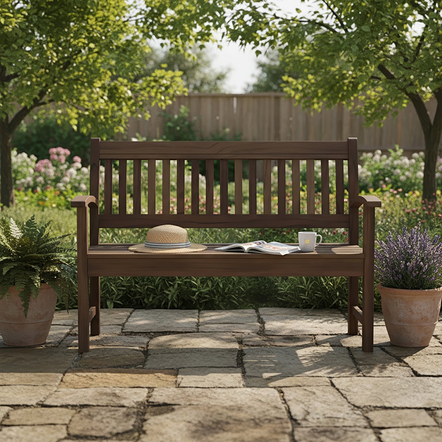 Mosaic Acacia Wood Bench with Slat Back - view number 4