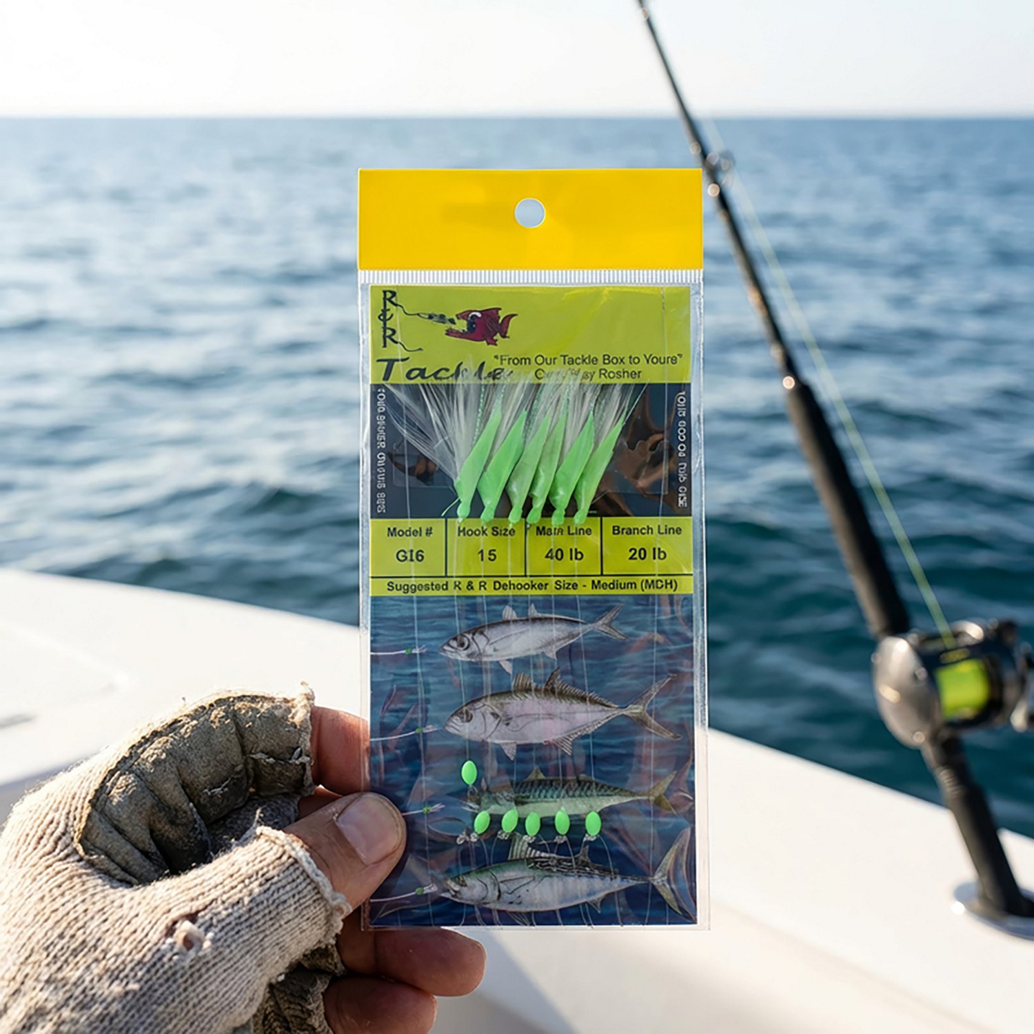 R&R Tackle GI6 Sabiki Size 15 Hooks with White Feather and Flow Fish Skin 6 Pack - view number 2