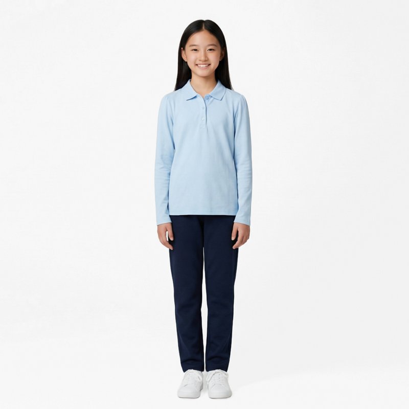French Toast Little & Big Kid Girls Round Neck Long Sleeve Regular Fit Polo Shirt, X-small, Blue