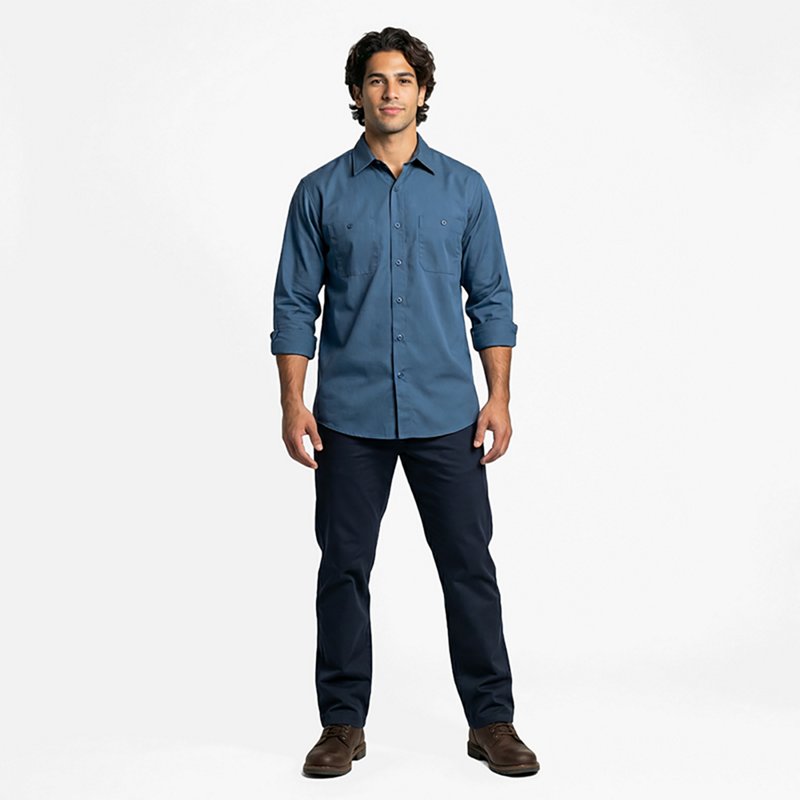 Men's Long Sleeve Industrial Work Shirt, Cotton/Polyester, Button Fronts, 2 Pocket(s), Dark Blue