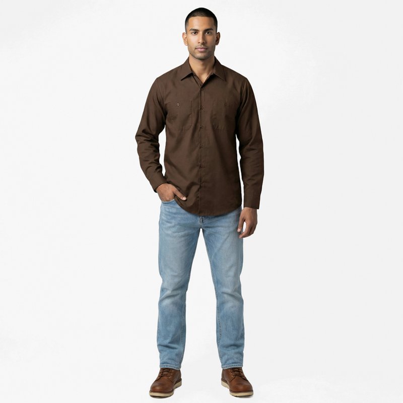 Men's Long Sleeve Industrial Work Shirt, Cotton/Polyester, Button Fronts, 2 Pocket(s), Brown, L
