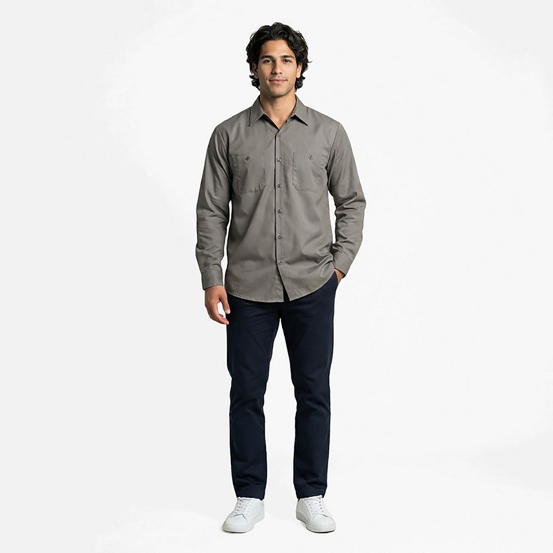 Men's Long Sleeve Poplin Work Shirt, Cotton/Polyester, Button Fronts, 2 Pocket(s), Gray, L