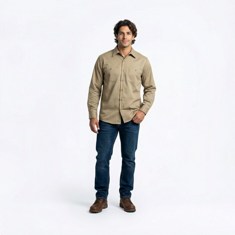 Men's Long Sleeve Poplin Work Shirt, Cotton/Polyester, Button Fronts, 2 Pocket(s), Khaki, 4XL