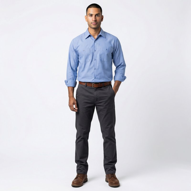 Men's Long Sleeve Industrial Work Shirt, Cotton/Polyester, Button, 2 Front Pocket(s), Light Blue, L