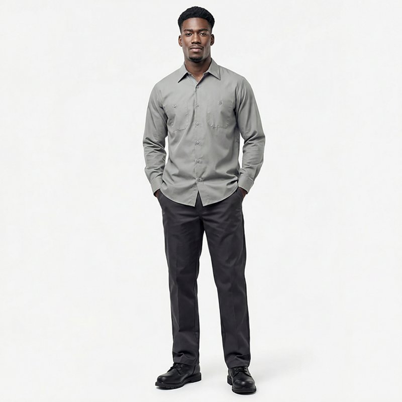 Men's Long Sleeve Poplin Work Shirt, Cotton/Polyester, Button Fronts, 2 Pocket(s), Light Gray, 2XL