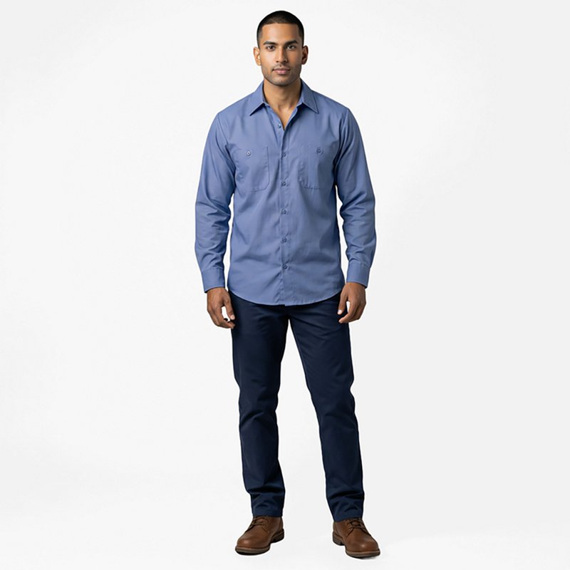 Men's Long Sleeve Industrial Work Shirt, Cotton/Polyester, Button Fronts, 2 Pocket(s), Petrol Blue