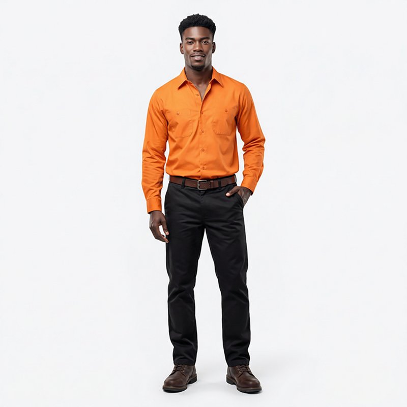 Men's Long Sleeve Poplin Work Shirt, Cotton/Polyester, Button Fronts, 2 Pocket(s), Orange, XL