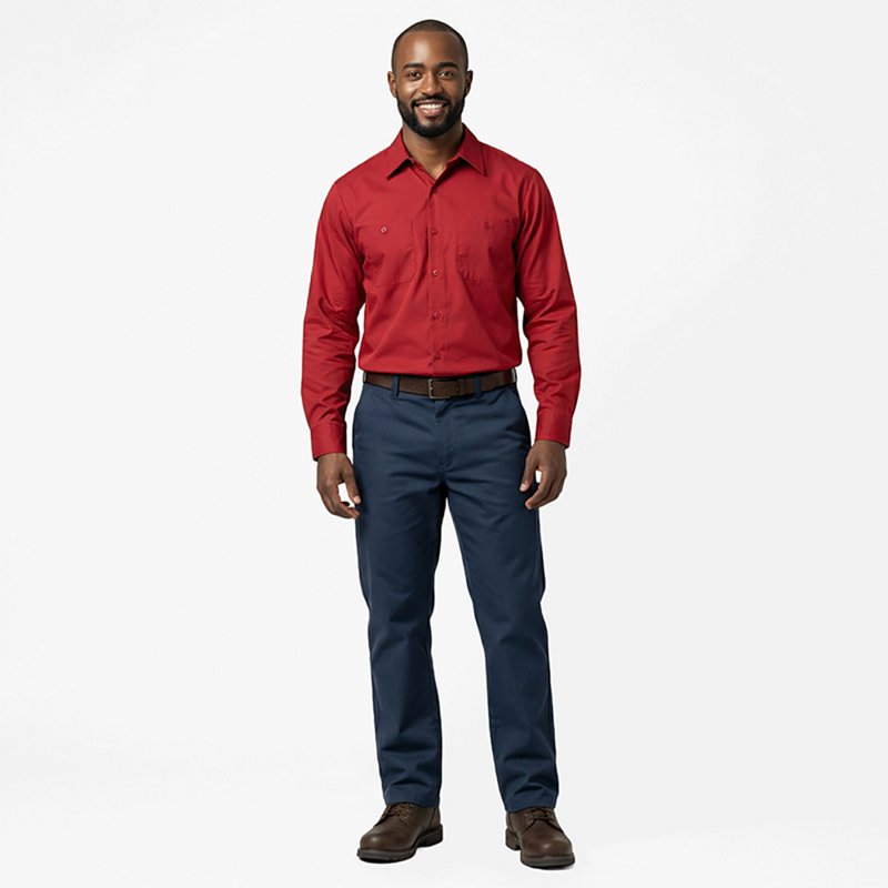 Men's Long Sleeve Poplin Work Shirt, Cotton/Polyester, Button Fronts, 2 Pocket(s), Red, 3XL
