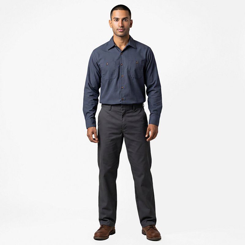 Men's Long Sleeve Microcheck Work Shirt, 65% Polyester/35% Cotton, Gray/Blue, L