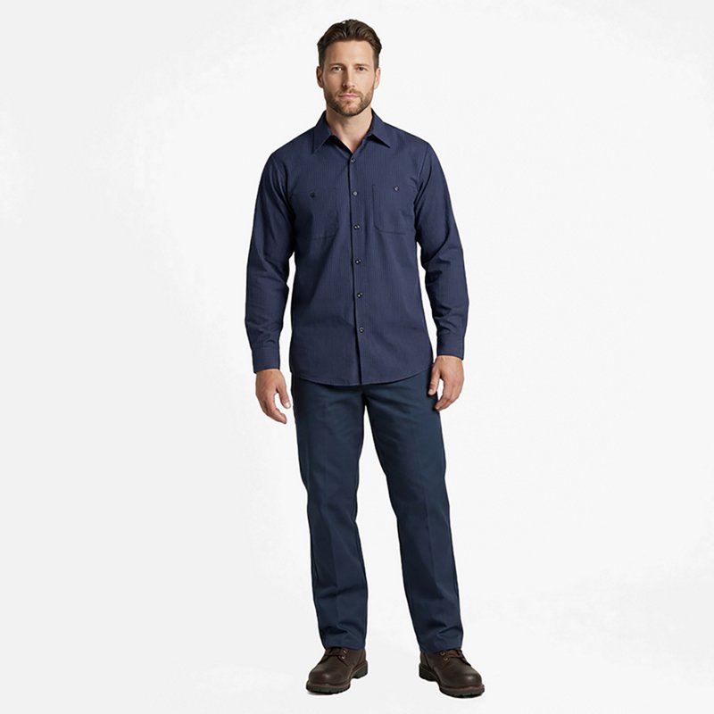 Men's Long Sleeve Durastripe Work Shirt, 65% Polyester/35% Cotton, Navy, M