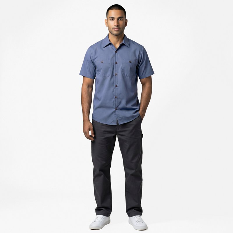 Short Sleeve Microcheck Work Shirt, 65% Polyester/35% Cotton, Button Fronts, Blue/Lt. Blue, M
