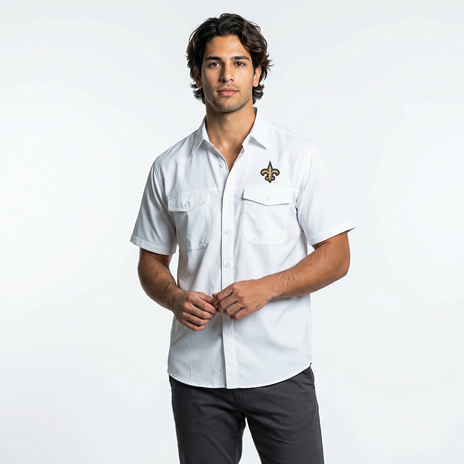 Antigua Men's New Orleans Saints Game Day Woven Fishing Shirt - view number 2