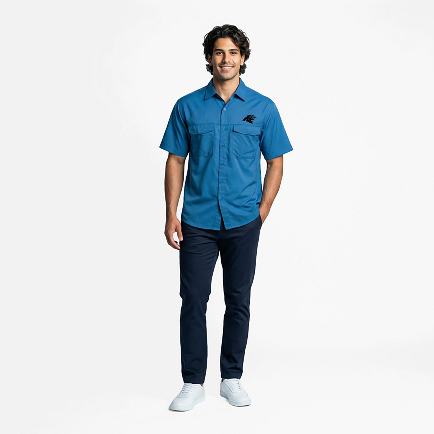 Antigua Men's Carolina Panthers Game Day Woven Fishing Shirt