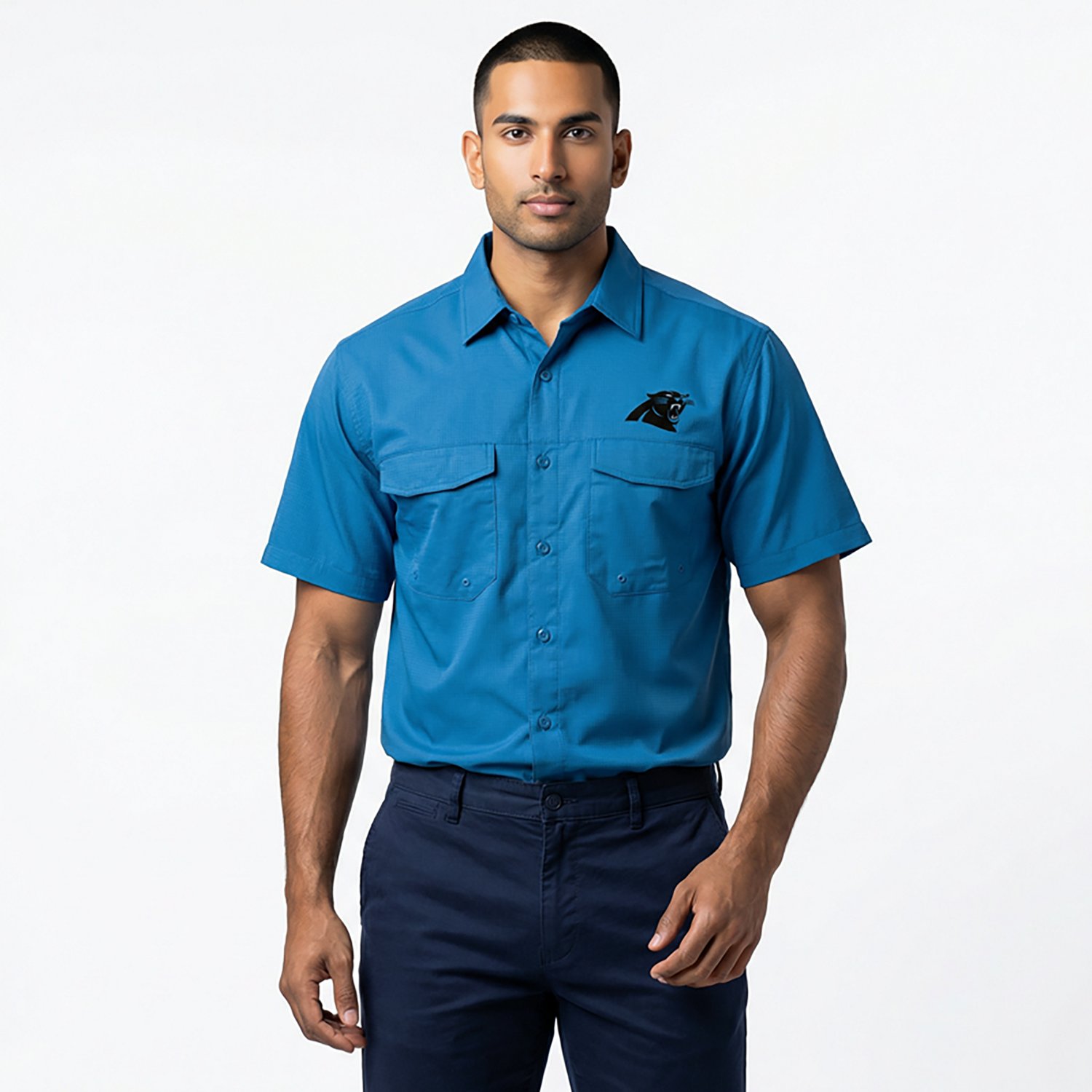 Antigua Men's Carolina Panthers Game Day Woven Fishing Shirt - view number 2