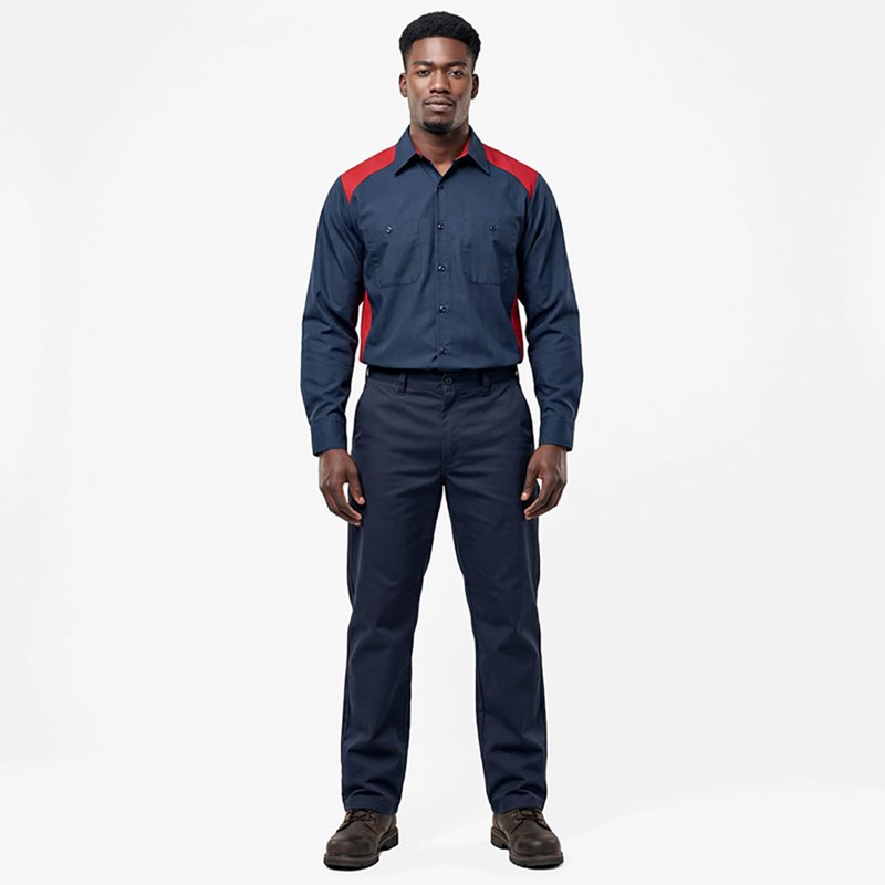 Men's Long Sleeve Motorsports Shirt, 65% Polyester/35% Cotton, Button Fronts, Navy/Red, 2XL