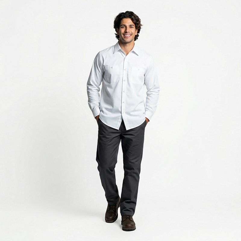 Men's Long Sleeve Work Shirt, Cotton, Button Fronts, 2 Pocket(s), White, XL