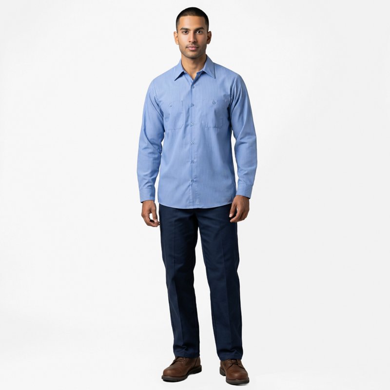 Men's Long Sleeve Work Shirt, 65% Polyester / 35% Cotton, Button Front, Blue, M