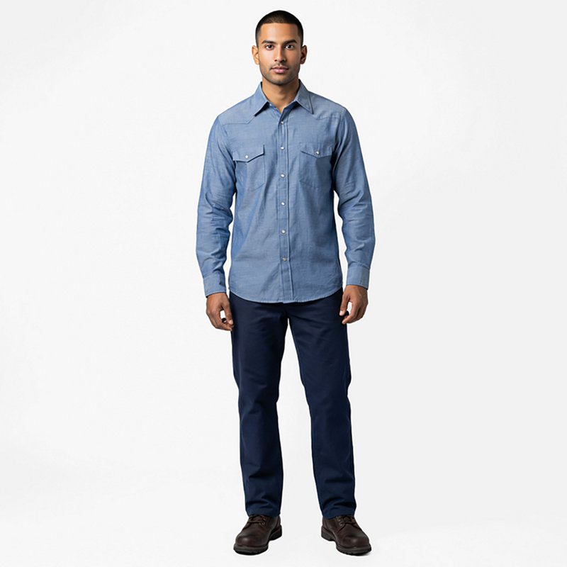 Men's Long Sleeve Western Shirt, Cotton/Polyester, Snap, 2 Pocket(s), Chambray Blue, 3XL