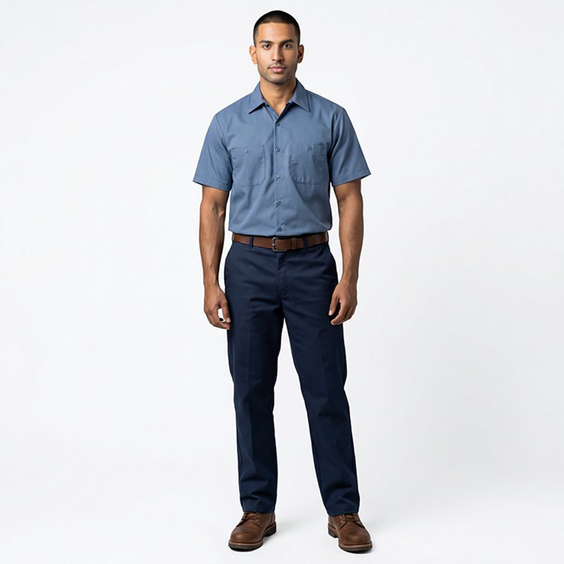 Men's Short Sleeve Work Shirt, Cotton, Button Fronts, 2 Pocket(s), Postman Blue, L