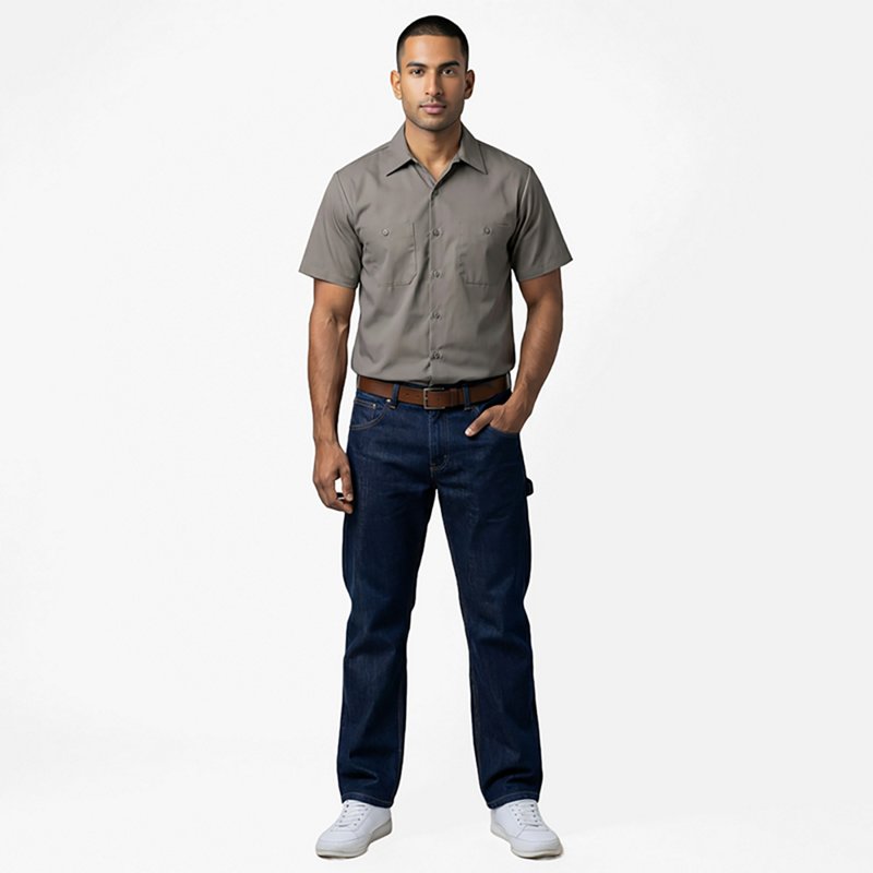 Men's Short Sleeve Work Shirt, Cotton, Button Fronts, 2 Pocket(s), Gray, XL