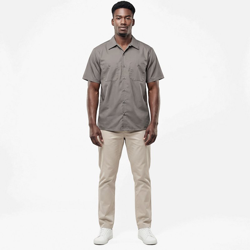 Men's Short Sleeve Work Shirt, Cotton, Button Fronts, 2 Pocket(s), Gray, 2XL