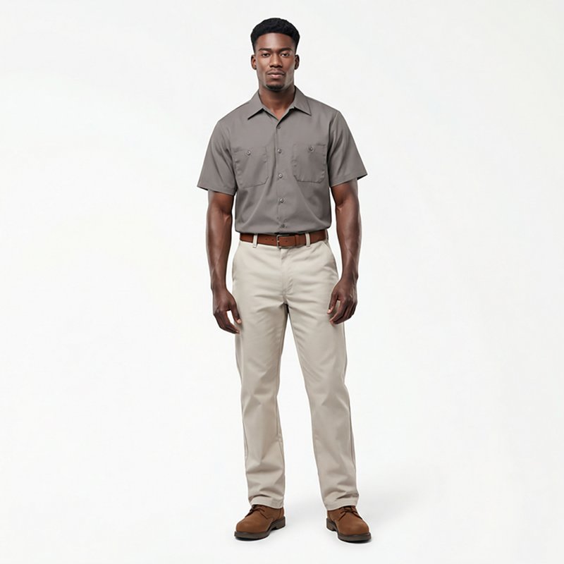 Men's Short Sleeve Work Shirt, Cotton, Button Fronts, 2 Pocket(s), Gray, L