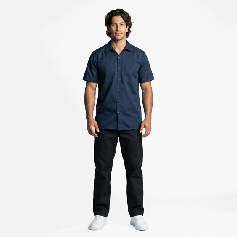 Men's Short Sleeve Work Shirt, Cotton, Button Fronts, 2 Pocket(s), Navy, L