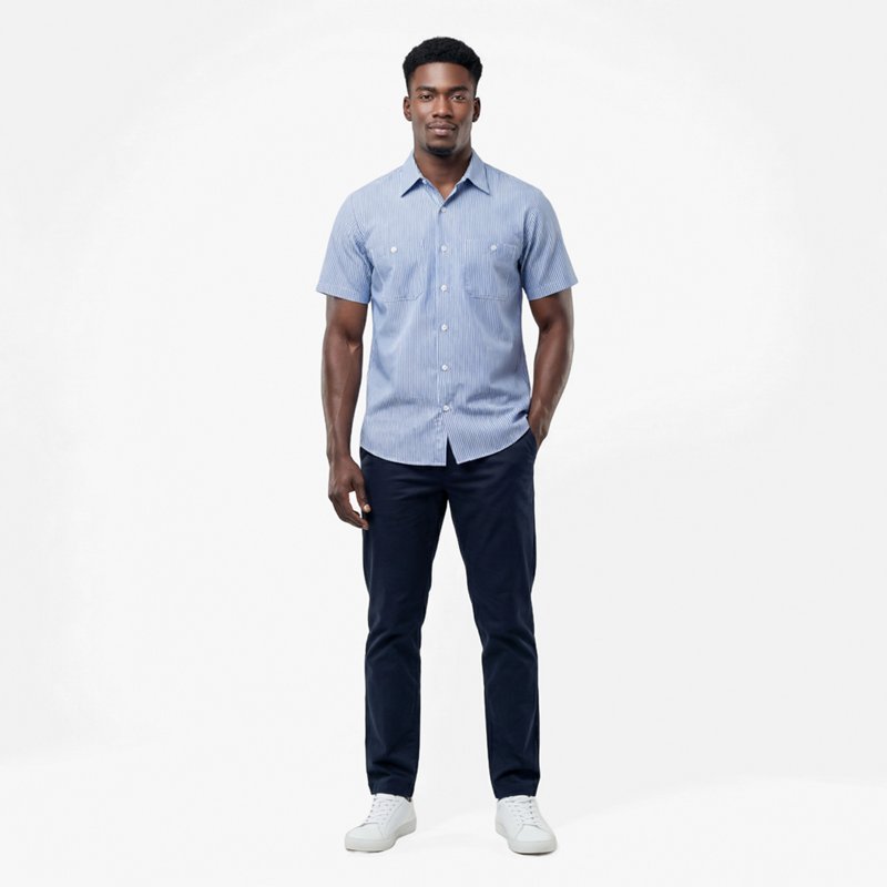 Short Sleeve Industrial Stripe Work Shirt, 65% Polyester/35% Cotton, Blue/White Stripe, M