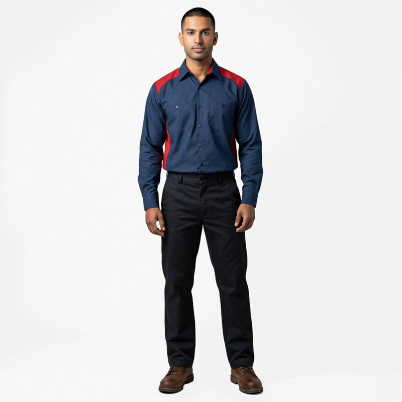 Men's Long Sleeve Motorsports Shirt, 65% Polyester/35% Cotton, Button Fronts, Navy/Red, 2XL