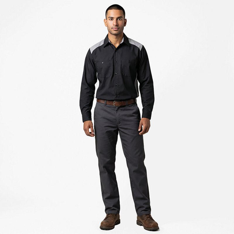 Men's Long Sleeve Motorsports Shirt, 65% Polyester/35% Cotton, Button Fronts, Charcoal/Royal Blue