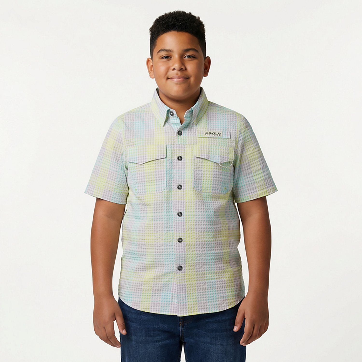 Magellan Outdoors Boys' Seersucker Southern Summer Gingham Button Down Shirt                                                     - view number 2