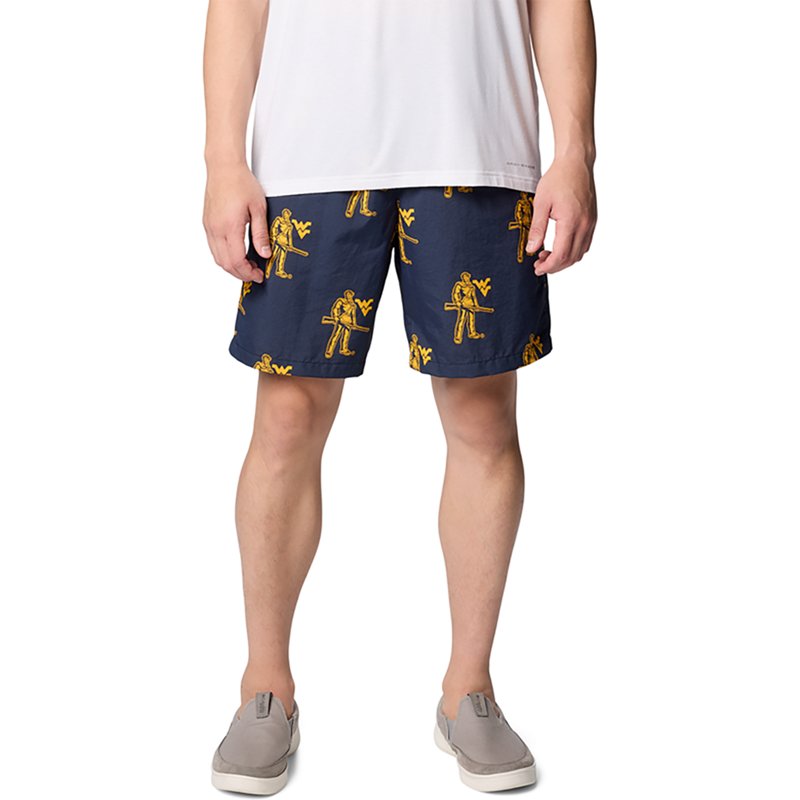 Columbia Men's West Virginia Mountaineers Collegiate Navy Backcast III Printed Performance Shorts, Medium, Blue