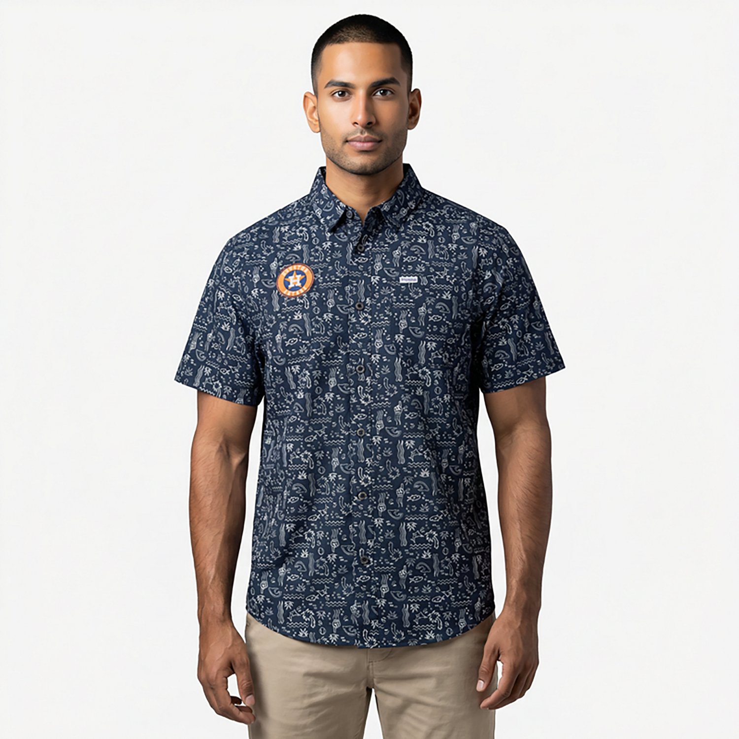 Columbia Sportswear Men's Houston Astros Fish Fan Print Super Slack Tide Button Down Shirt - view number 2