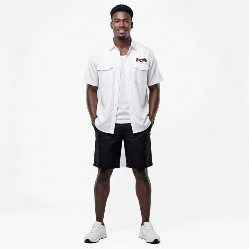 Antigua Men's Atlanta Braves Game Day Woven Short Sleeve Fishing Shirt