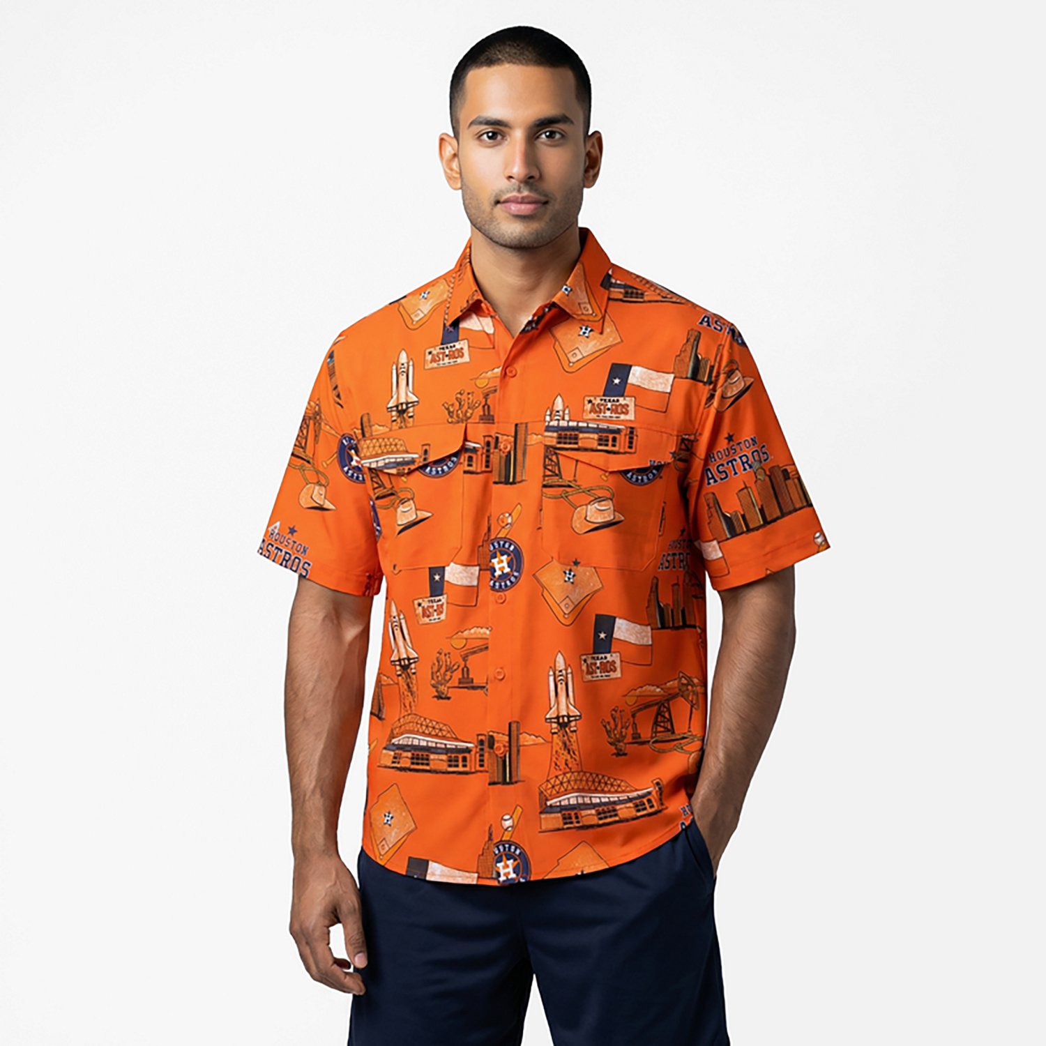 Antigua Men's Houston Astros Landmark Woven Short Sleeve Fishing Shirt - view number 2
